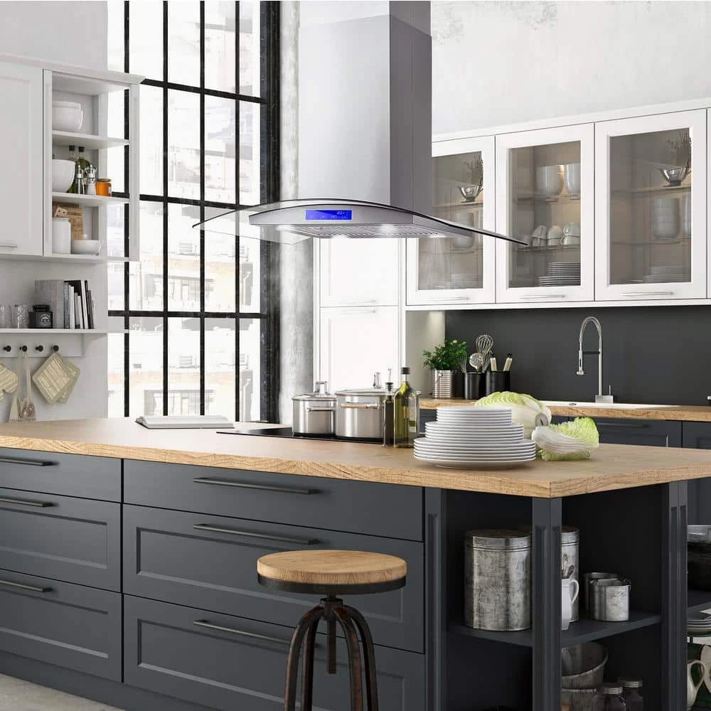 Cosmo 36 in. Ductless Island Range Hood in Stainless Steel with LED Lighting and Carbon Filter Kit for Recirculating - Image 2