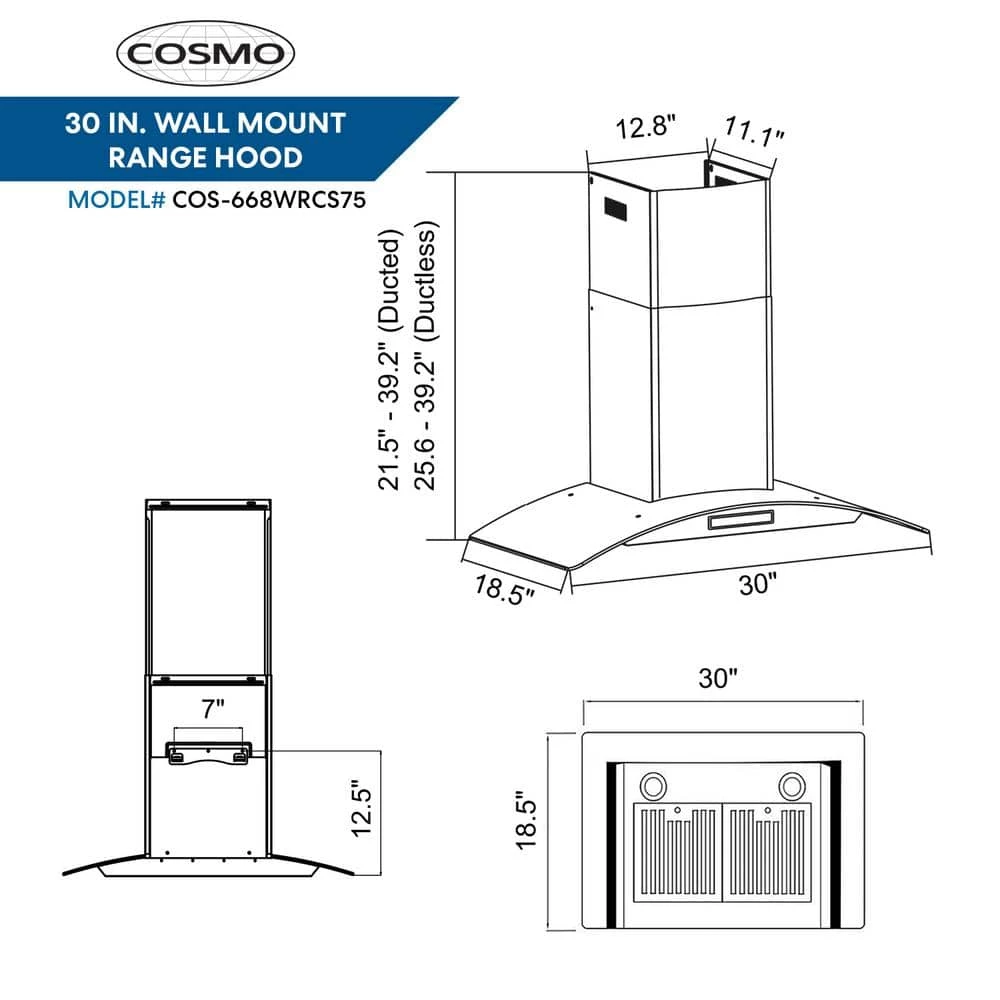 Cosmo 30 in. Ducted Wall Mount Range Hood in Stainless Steel with Touch Controls, LED Lighting and Permanent Filters - Image 10