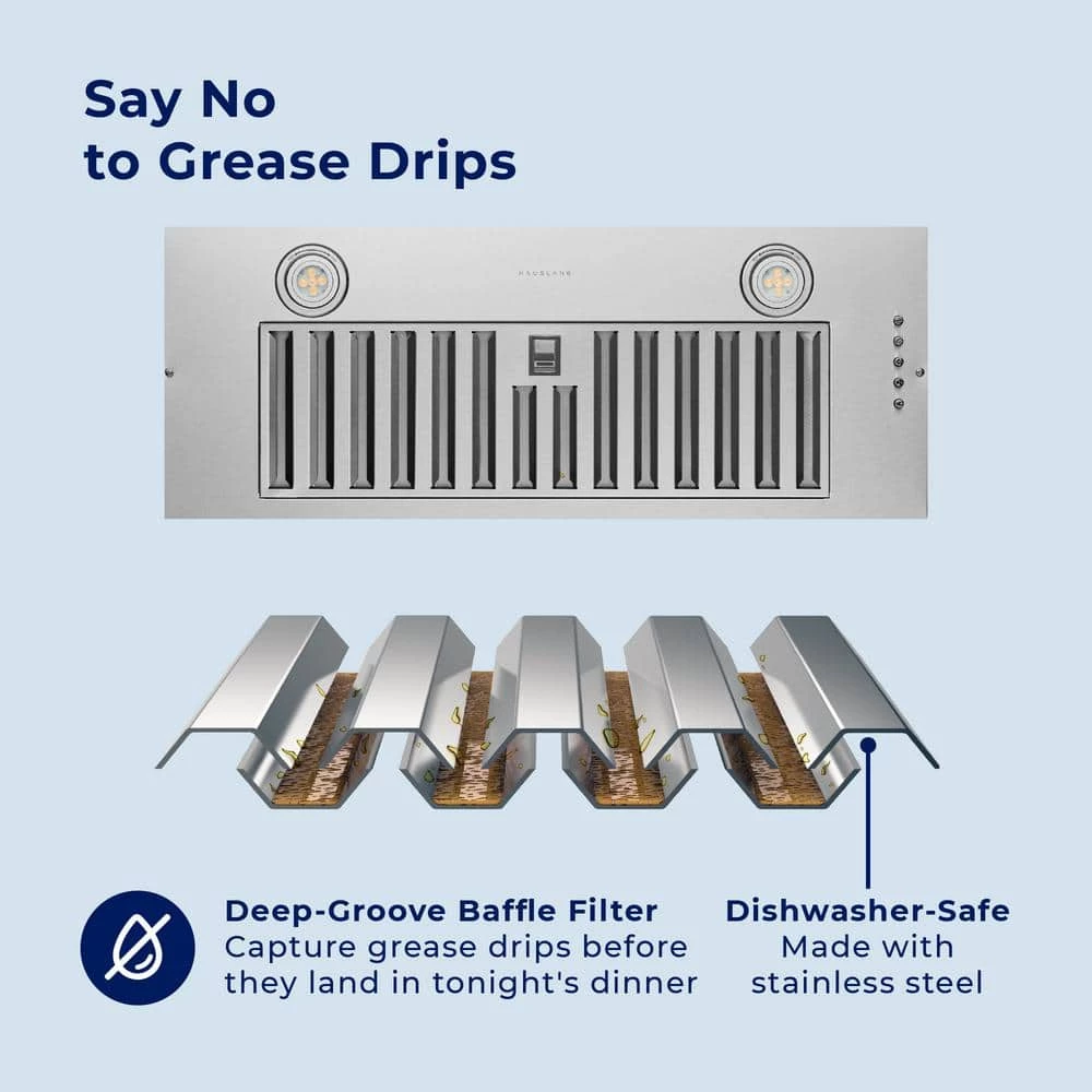 HAUSLANE 30 in. Convertible Insert Range Hood with Changeable LED Powerful Suction Baffle Filter in Stainless Steel - Image 4