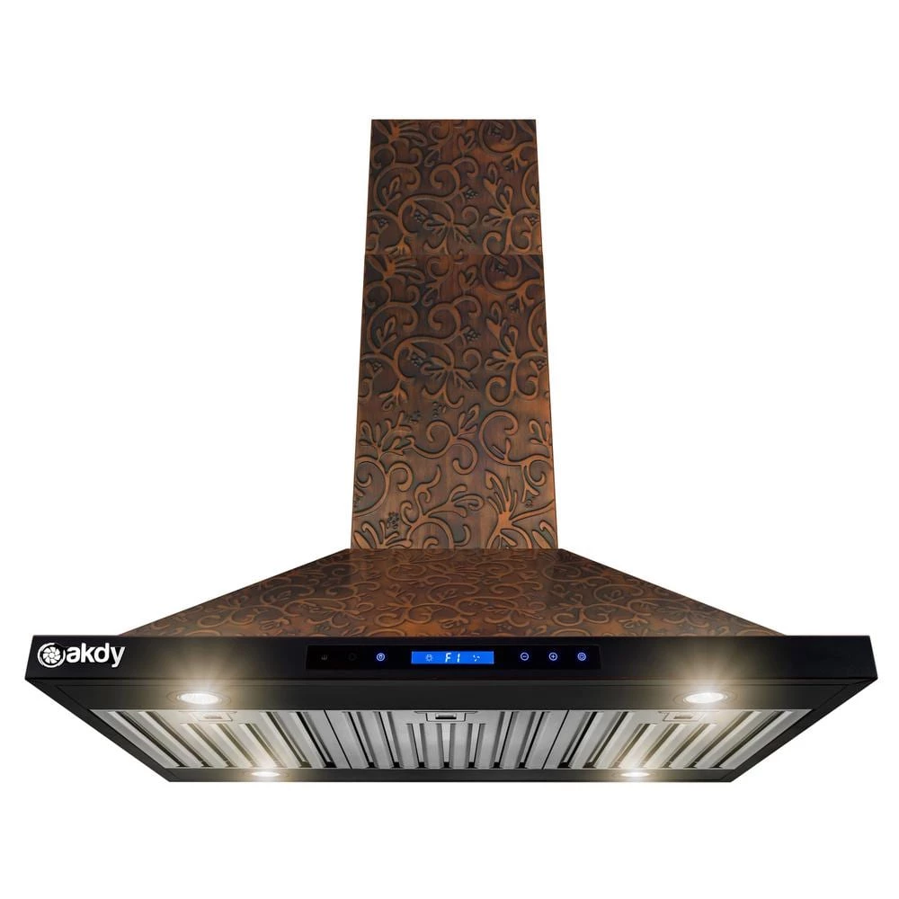 AKDY 36 in. Convertible Island Mount in Embossed Copper Vine Design Kitchen Range Hood with Lights
